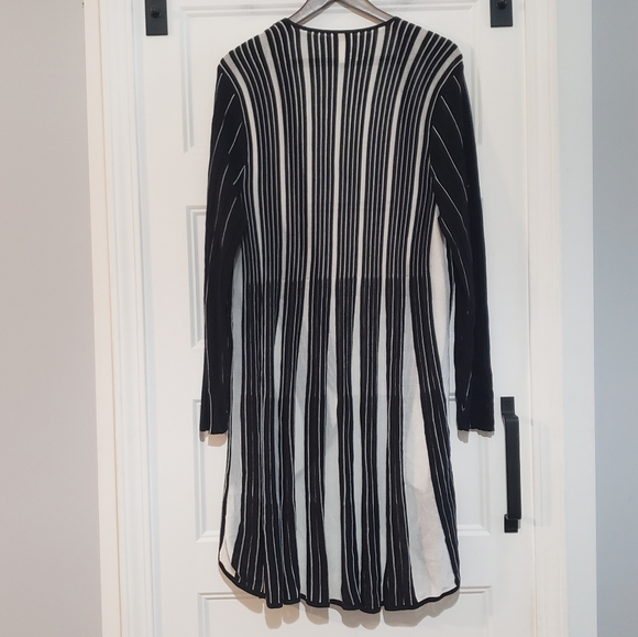 Chicos 3 Open Front Long Cardigan Sweater Womens XL Black White Stripe Stretch - Picture 2 of 7